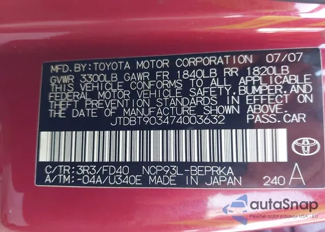 2007 Toyota Yaris z USA, uszkodzony, nr VIN JTDBT903474003632